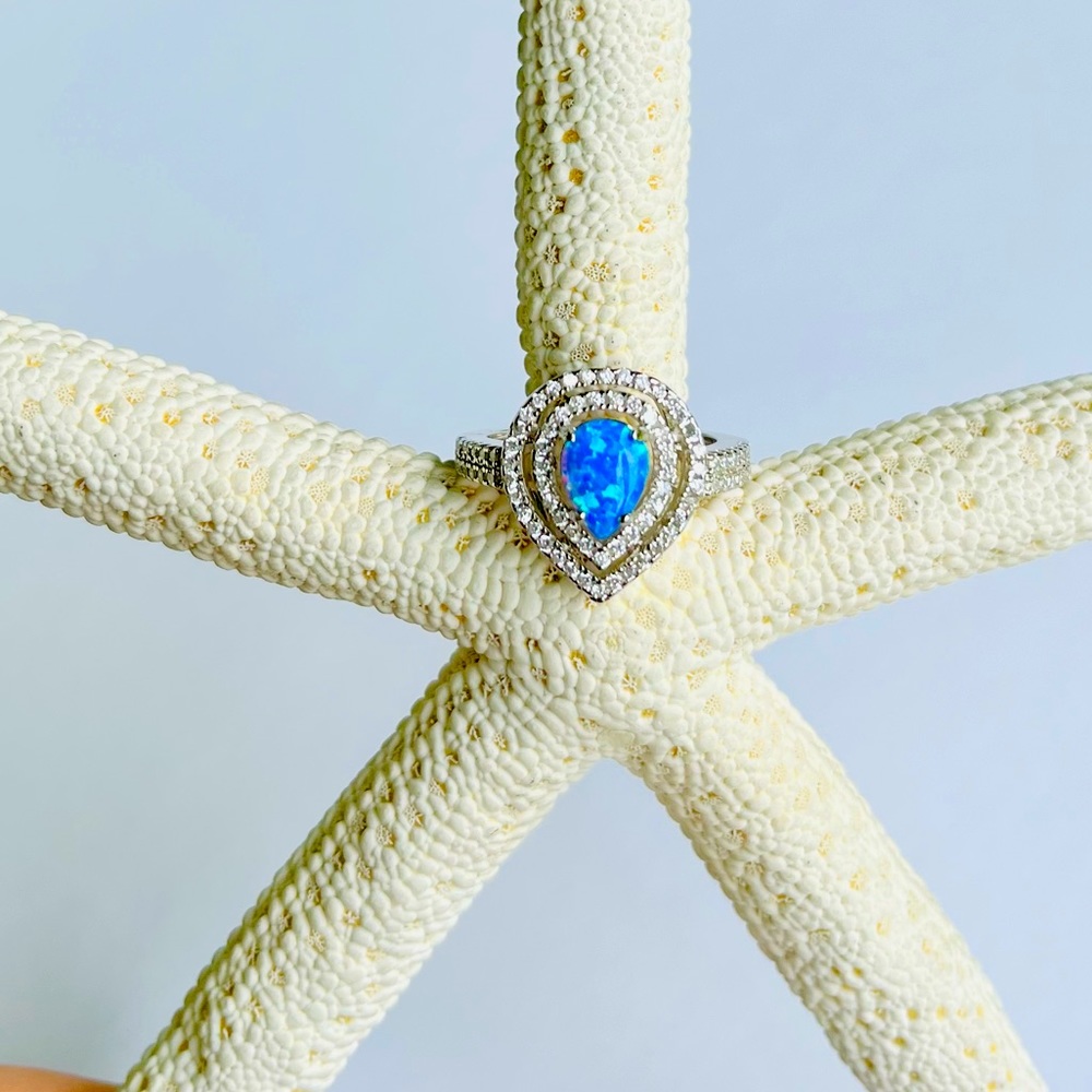 Blue Fire Opal Pear Shape Ring with CZ Size 7